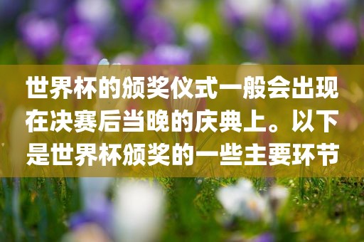 世界杯的颁奖仪式一般会出现在决赛后当晚的庆典上。以下是世界杯颁奖的一些主要环节