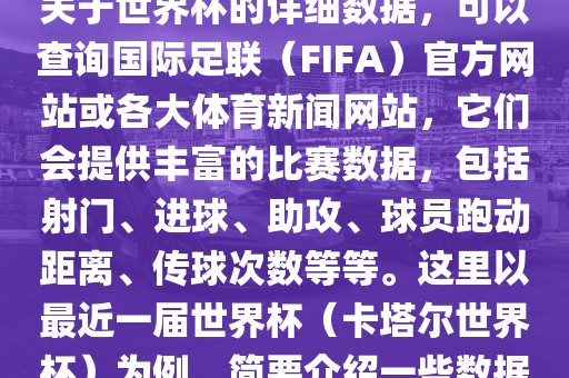 关于世界杯的详细数据，可以查询国际足联（FIFA）官方网站或各大体育新闻网站，它们会提供丰富的比赛数据，包括射门、进球、助攻、球员跑动距离、传球次数等等。这里以最近一届世界杯（卡塔尔世界杯）为例洛阳市法福文化传播有限公司，简要介绍一些数据