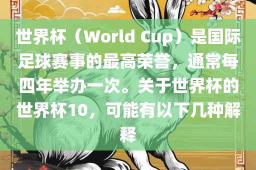 世界杯（World Cup）是国际足球赛事的最高荣誉，通常每四年举办一次。关于世界杯的世界杯10，可能有以下几种解释