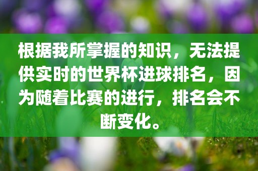 根据我所掌握的知识，无法提供实时的世界杯进球排名，因为随着比赛的进行，排名会不断变化。