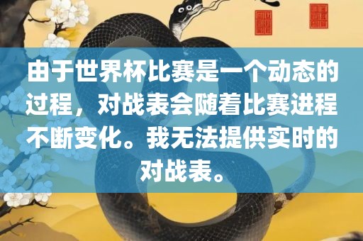 由于世界杯比赛是一个动态的过程，对战表会随着比赛进程不断变化。我无法提供实时的对战表。洛阳市法福文化传播有限公司
