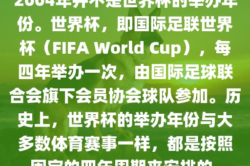 2004年并不是世界杯的举办年份。世界杯，即国际足联世界杯（FIFA World Cup）洛阳市法福文化传播有限公司，每四年举办一次，由国际足球联合会旗下会员协会球队参加。历史上，世界杯的举办年份与大多数体育赛事一样，都是按照固定的四年周期来安排的。