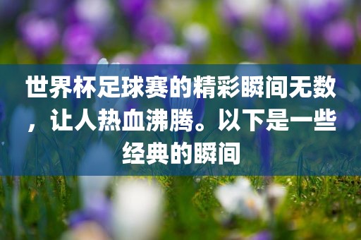 世界杯足球赛的精彩瞬间无数，让人热血沸腾。以下是一些经典的瞬间洛阳市法福文化传播有限公司