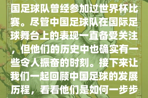 中国进过世界杯吗？是的，中国足球队曾经参加过世界杯比赛。尽管中国足球队在国际足球舞台上的表现一直备受关注，但他们的历史中也确实有一些令人振奋的时刻。接下来让我们一起回顾中国足球的发展历程，看看他们是如何一步步走向世界杯的。洛阳市法福文化传播有限公司