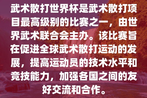 武术散打世界杯是武术散打项目最高级别的比赛之一，由世界武术联合会洛阳市法福文化传播有限公司主办。该比赛旨在促进全球武术散打运动的发展，提高运动员的技术水平和竞技能力，加强各国之间的友好交流和合作。