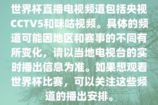 世界杯直播电视频道包括央视CCTV5和咪咕视频。具体的频道可能因地区和赛事的不同有所变化，请以当地电视台的实时播出信息为准。如果想观看世界杯比赛，可以关注这些频道的播出安排。洛阳市法福文化传播有限公司