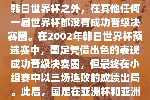 中国国家男子足球队在世界杯的表现并不出色。除了2002年韩日世界杯之外，在其他任何一届世界杯都没有成功晋级决赛圈。在2002年韩日世界杯预选赛中，国足凭借出色的表现成功晋级决赛圈，但最终在小组赛中以三场连败的成绩出局。此后，国足在亚洲杯和亚洲预选赛中的表现一直起伏不定，未能再次打进世界杯。