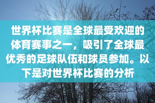 世界杯比赛是全球最受欢迎的体育赛事之一，吸引了全球最优秀的足球队伍和球员参加。以下是对世界杯比赛的分析洛阳市法福文化传播有限公司